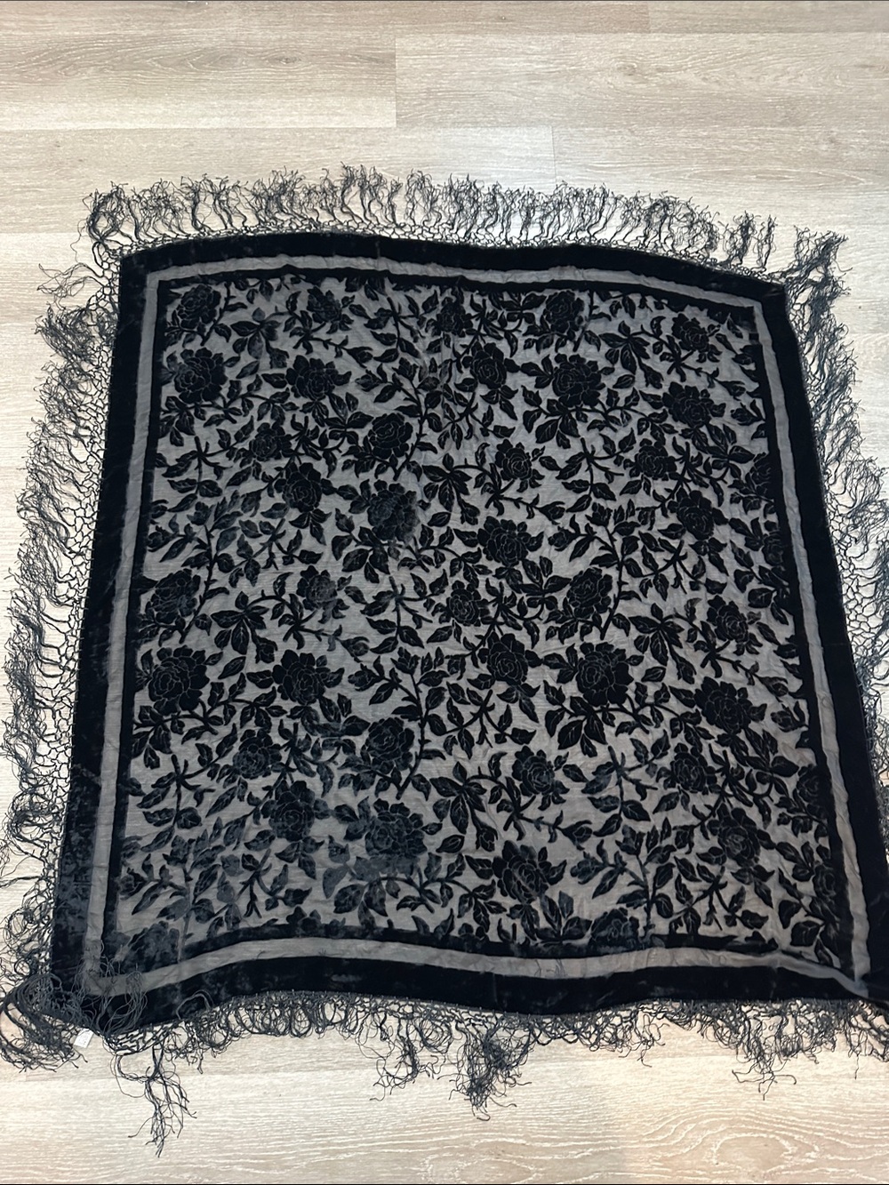 Black Velvet Burnout Fringe Shawl Wrap euro silk floral boho